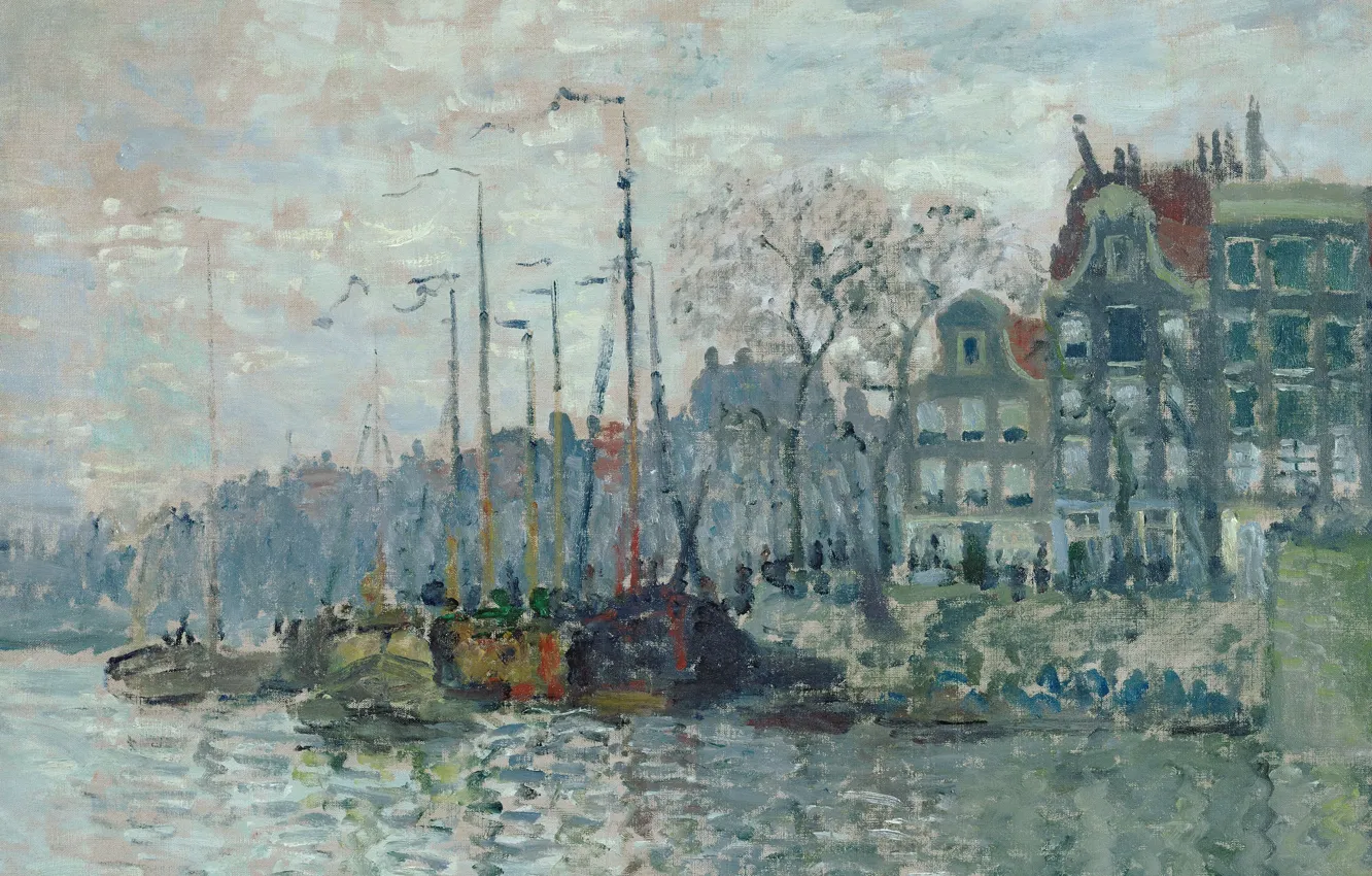 Photo wallpaper landscape, boat, ship, home, picture, Claude Monet, The Zaandam. Dam