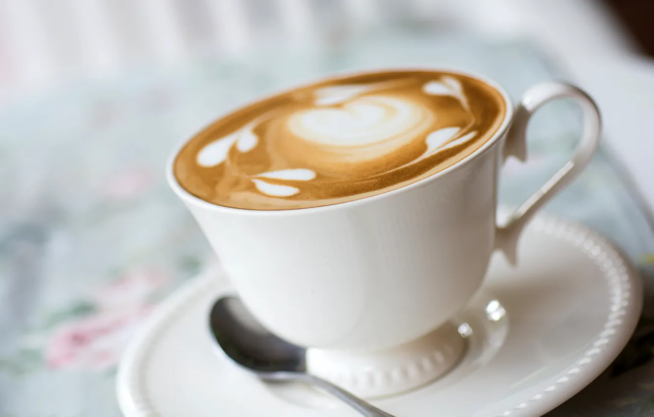 Photo wallpaper foam, pattern, coffee, milk, spoon, Cup, drink, cappuccino