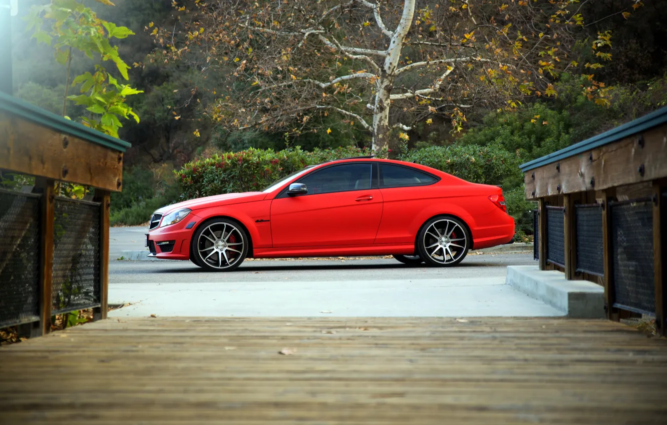 Photo wallpaper red, wheels, side, Mercedes Benz, AMG, C63