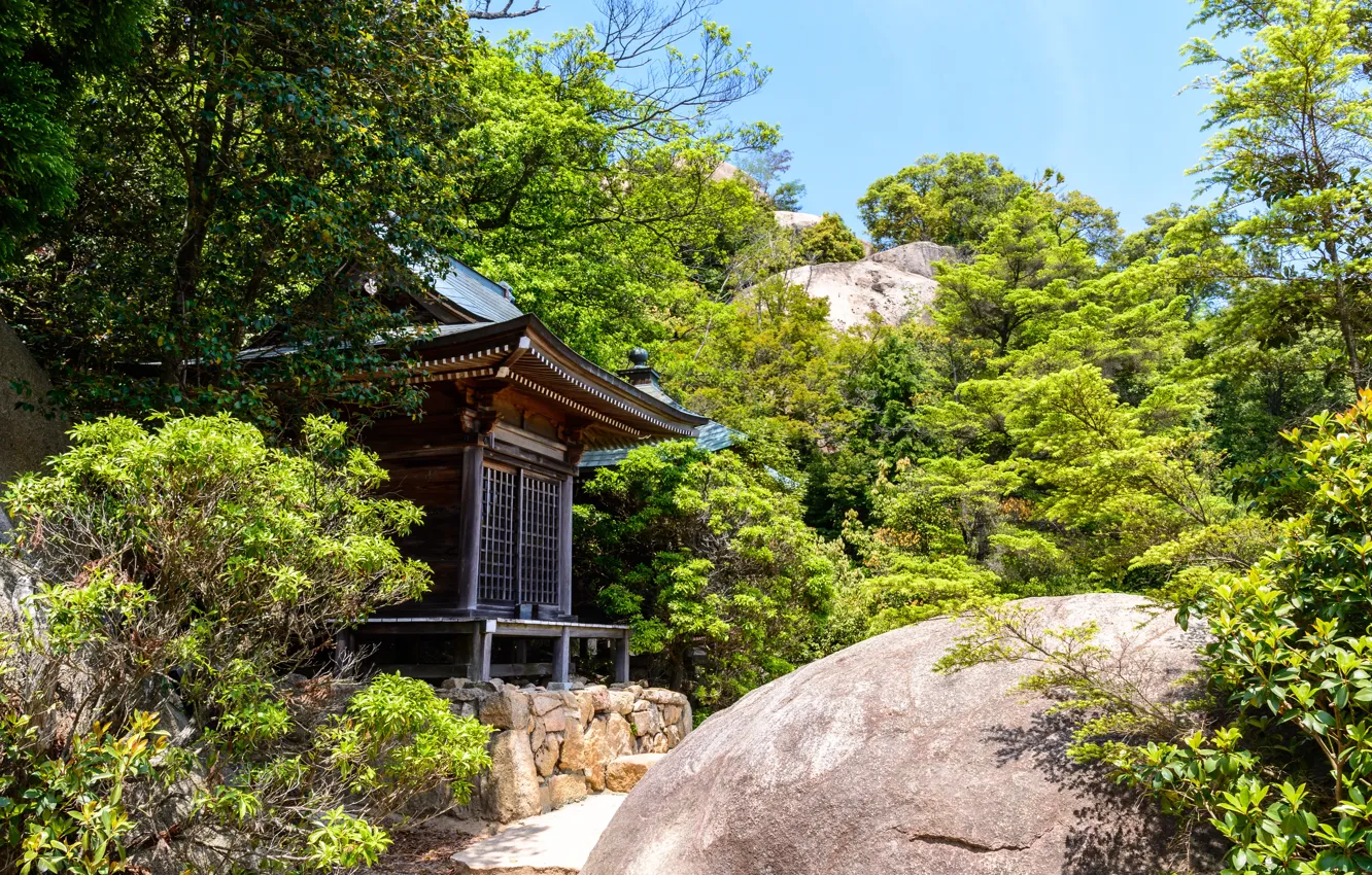 Photo wallpaper Nature, Mountains, Japan, Forest, Stones, Temple, Sanctuary