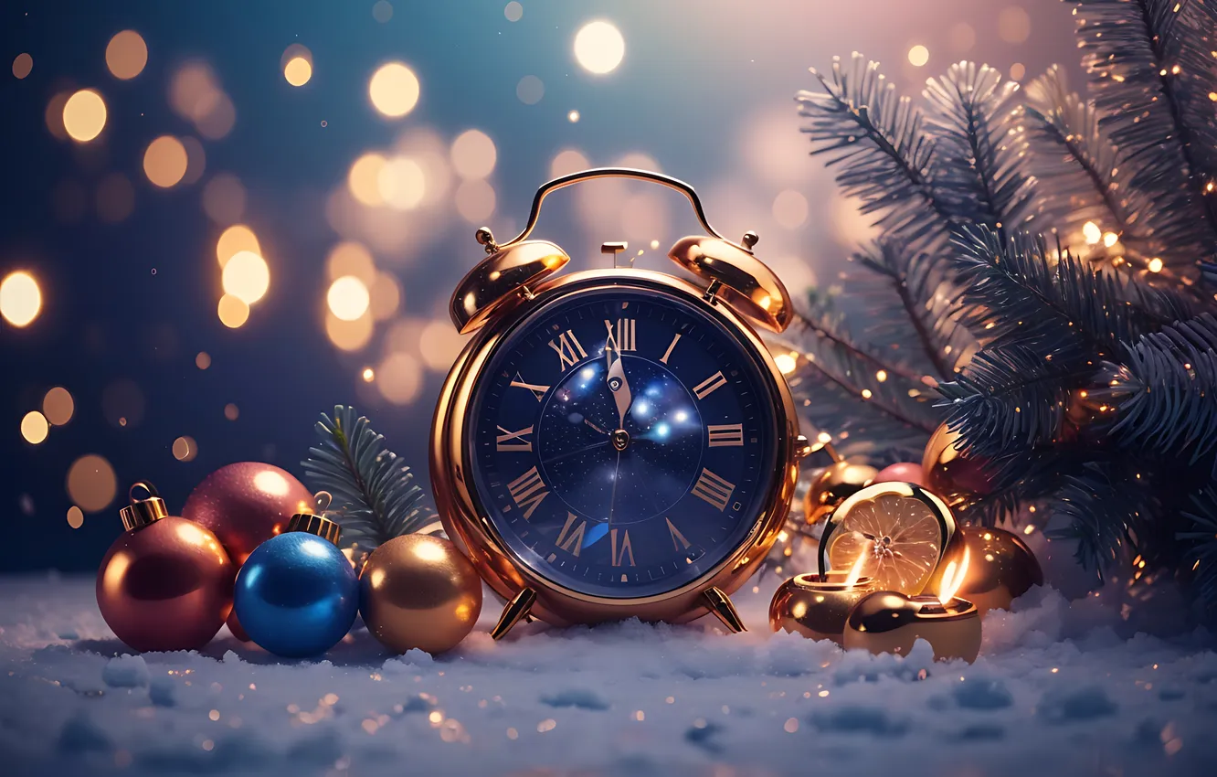 Photo wallpaper winter, snow, decoration, balls, watch, tree, new year, Christmas