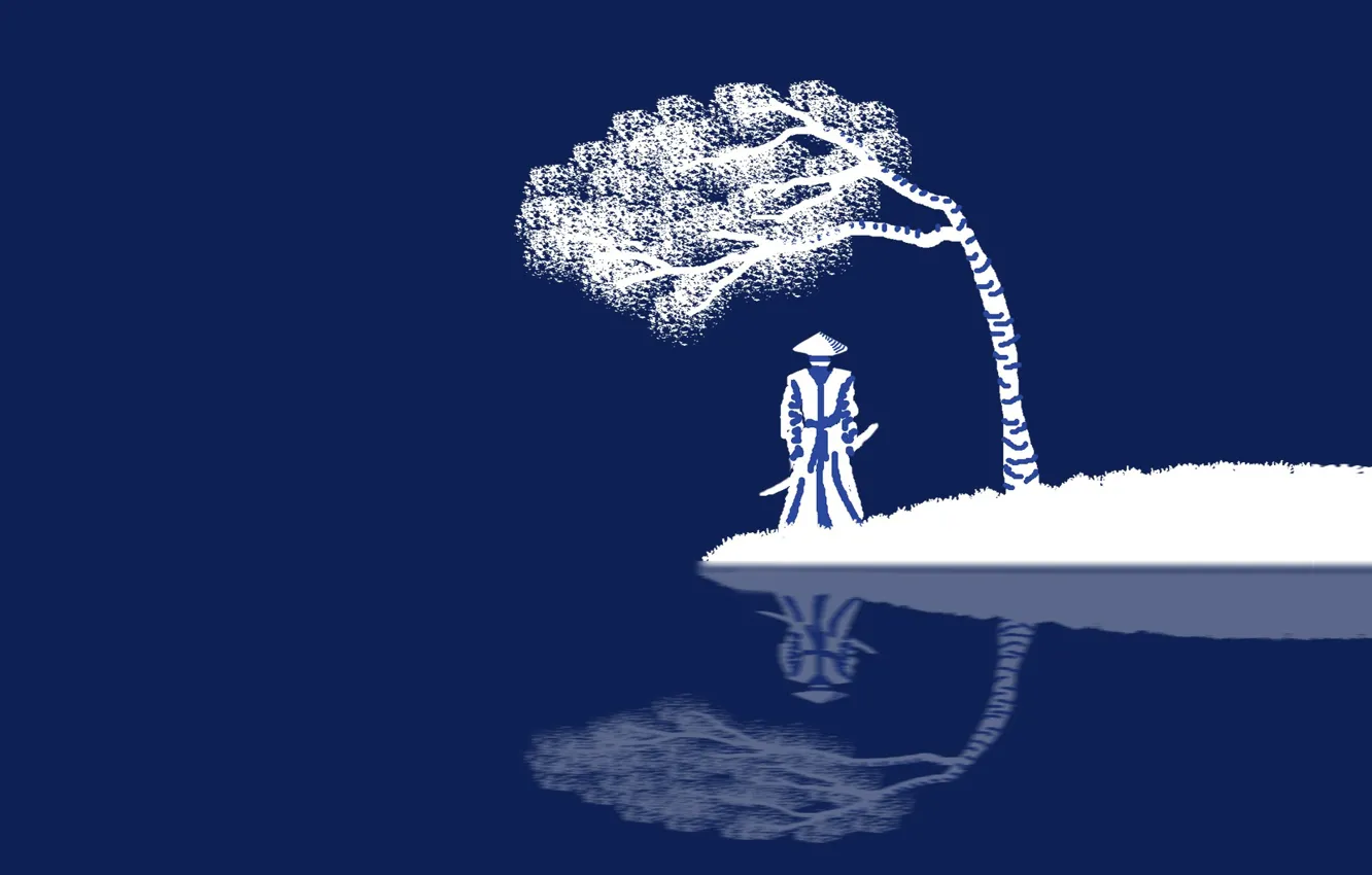 Photo wallpaper sword, fantasy, weapon, hat, katana, tree, blue background, samurai