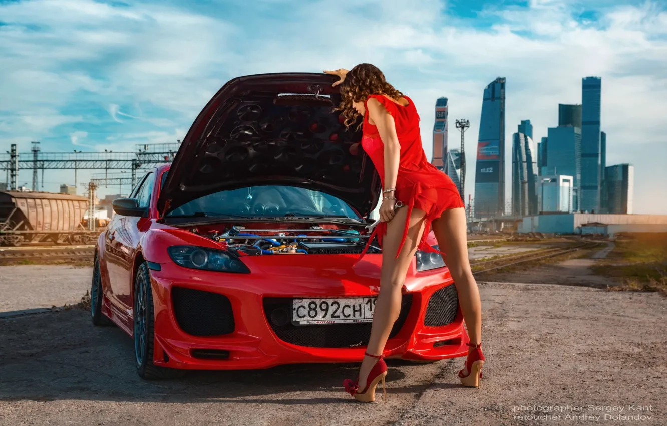 Photo wallpaper the sky, the sun, clouds, landscape, red, pose, engine, model