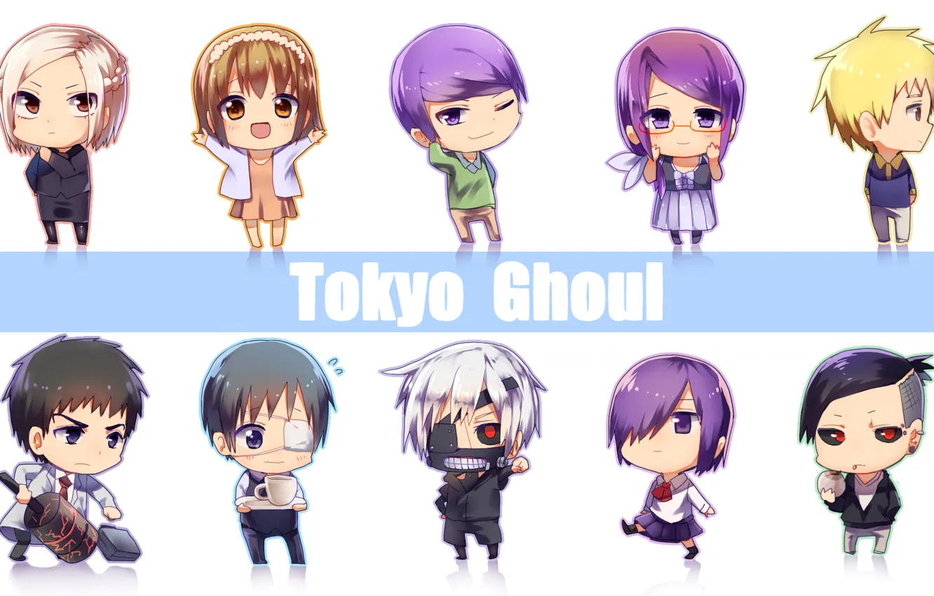 Photo wallpaper art, Chibi, art, Tokyo Ghoul, Ken Kanek, Tokyo Ghoul, Kirishima Bring, Kamishiro Rize