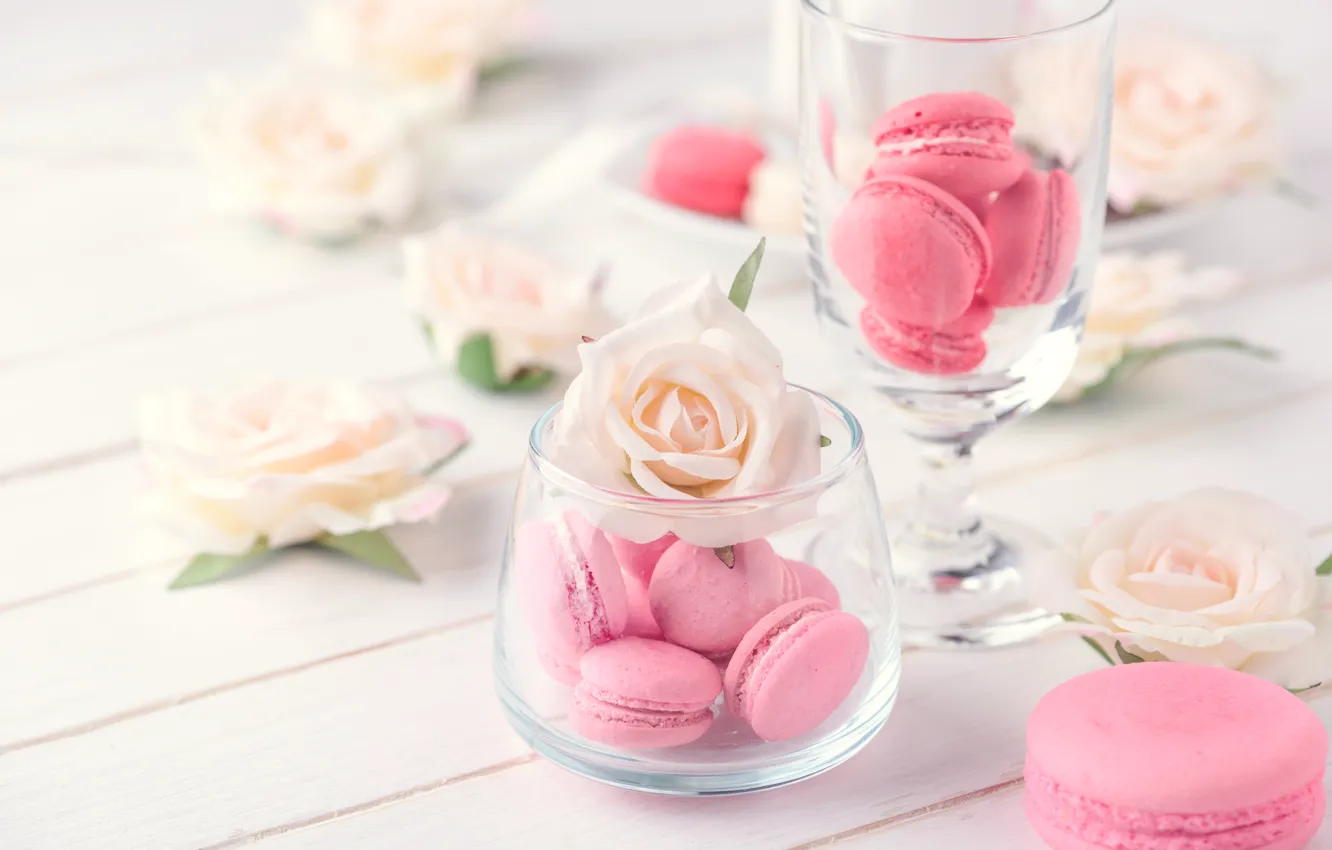 Photo wallpaper flowers, roses, dessert, pink, flowers, cakes, sweet, sweet