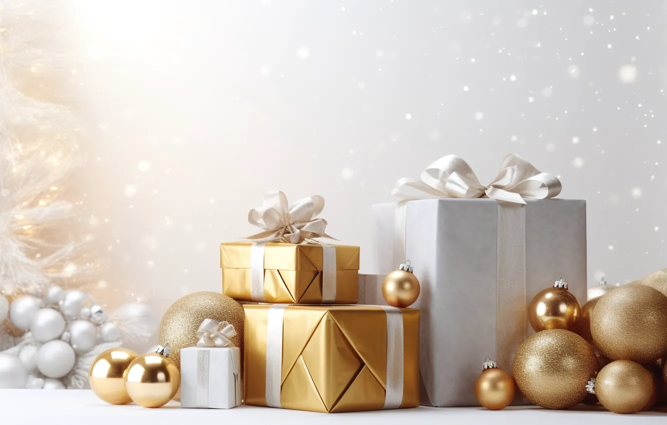 Photo wallpaper decoration, gift, balls, new year, Christmas, golden, Christmas, balls