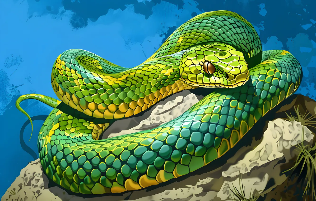 Photo wallpaper look, stones, animal, snake, art, reptile, digital art, imitation painting