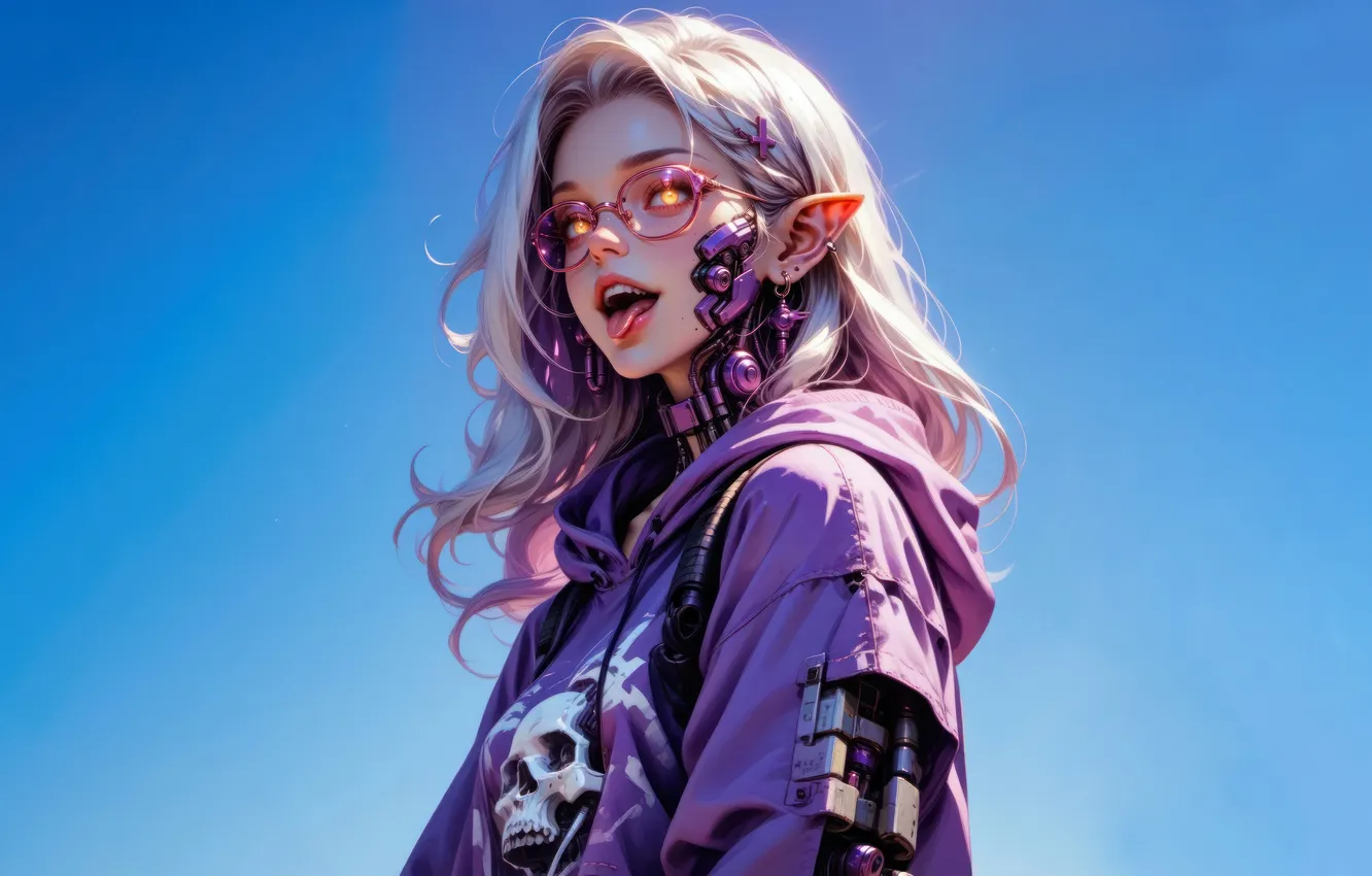 Photo wallpaper anime, elf, anime girl, Cyberpunk, AI Generated