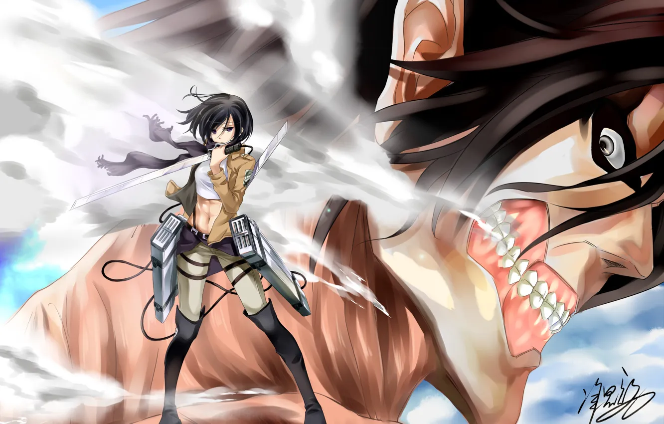 Photo wallpaper look, girl, weapons, smoke, gesture, art, Titan, shingeki no kyojin