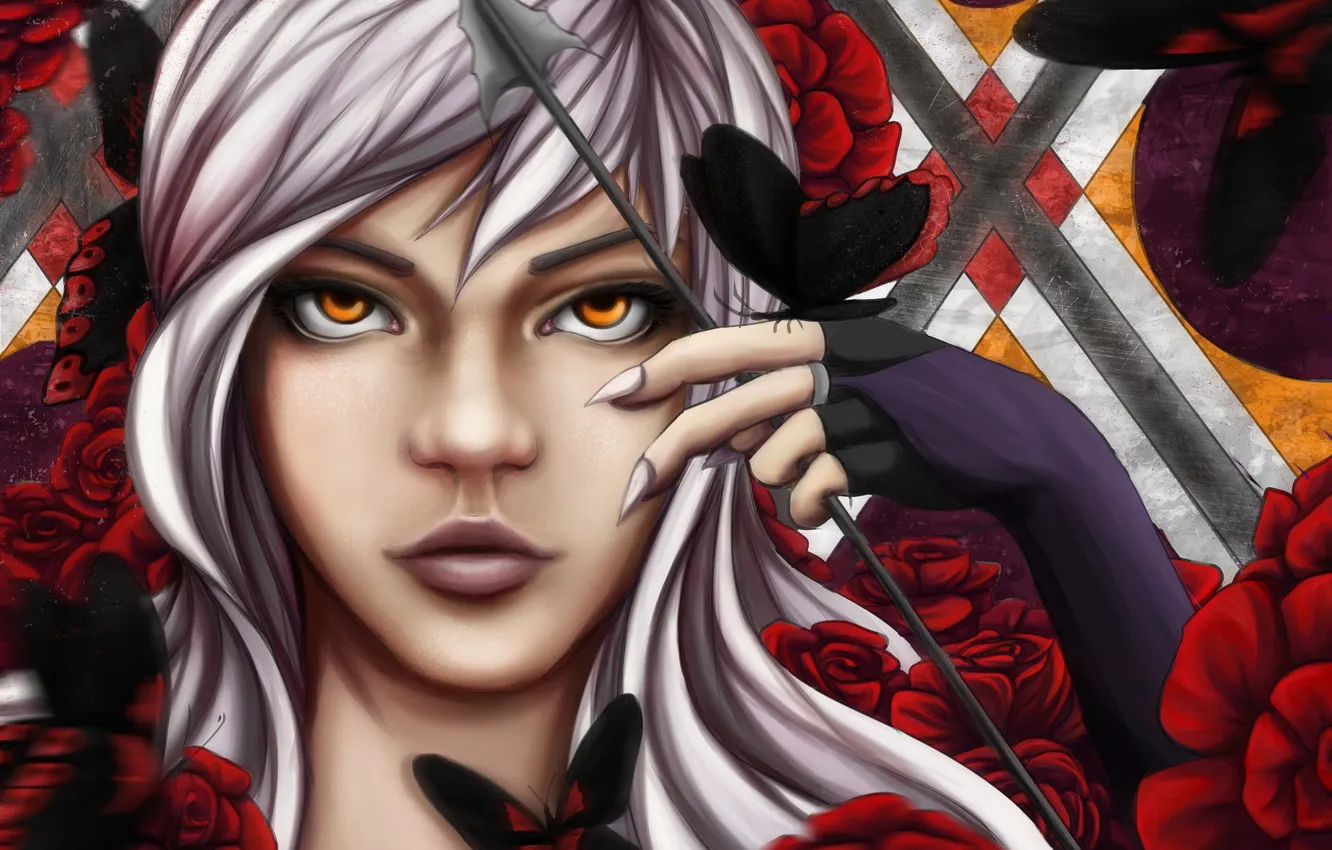 Photo wallpaper girl, flowers, red, face, butterfly, roses, art, arrows