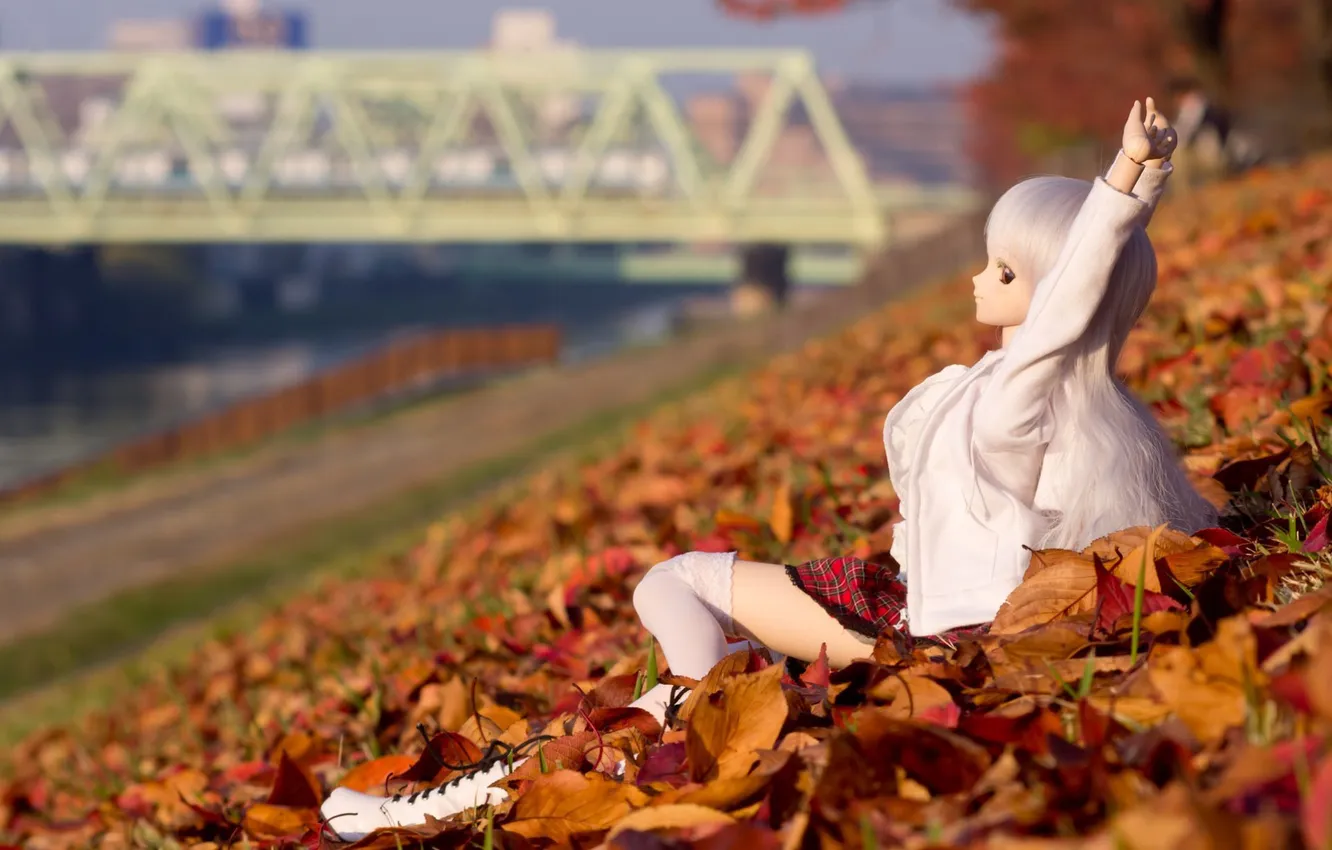 Photo wallpaper leaves, bridge, nature, toy, doll, hands, sitting, lilac