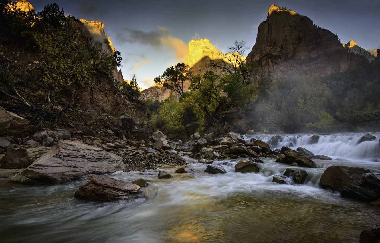 Photo wallpaper the sky, trees, mountains, river, stones, stream