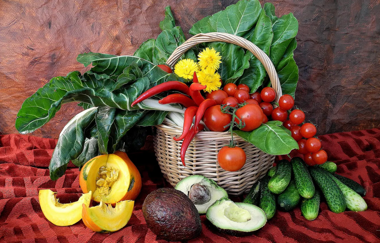 Photo wallpaper dandelion, pumpkin, still life, basket, vegetables, tomatoes, Chile, cucumbers