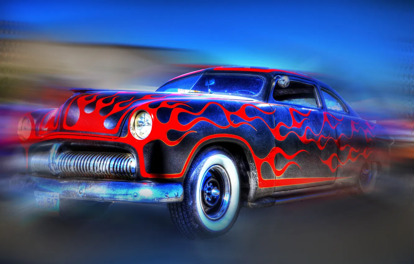 Photo wallpaper retro, flame, collage, pattern, car, bumper