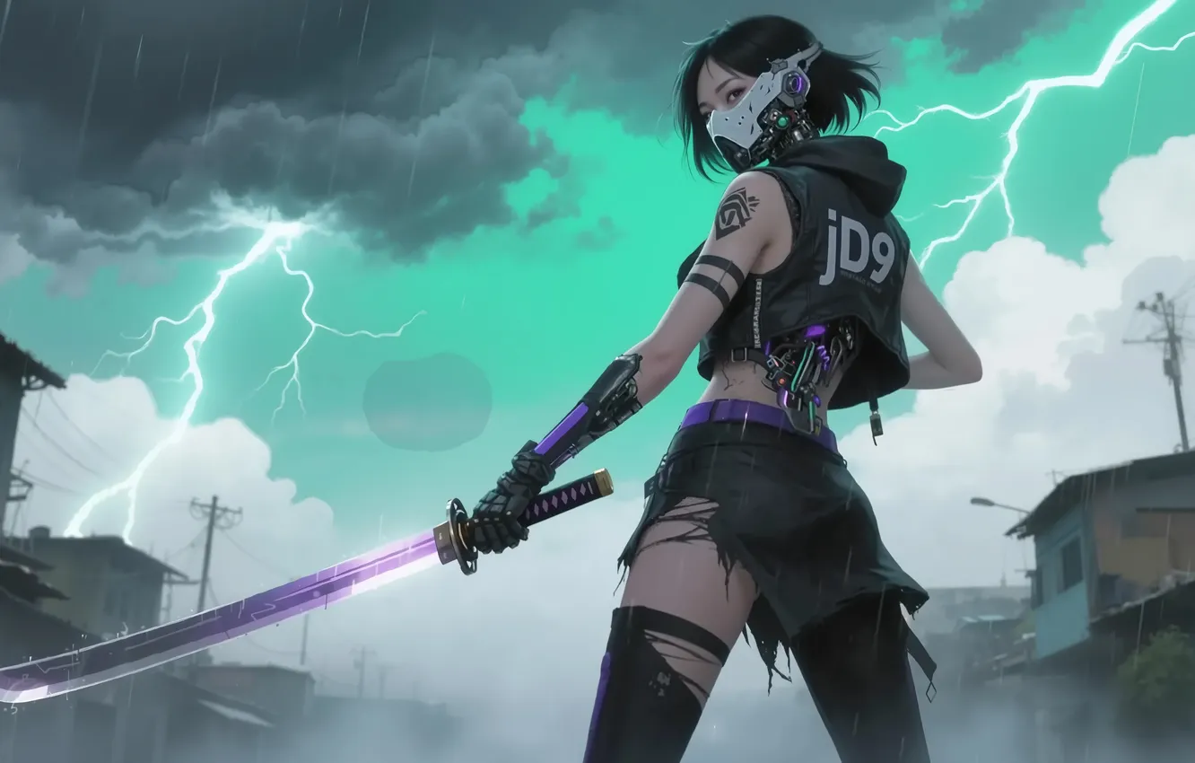 Photo wallpaper girl, katana, purple, cyberpunk, lightning