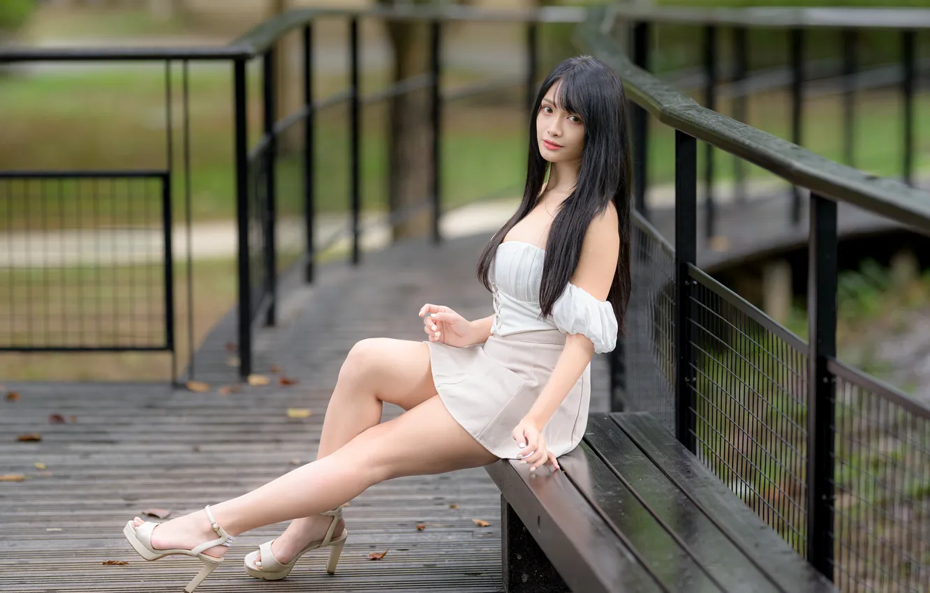 Photo wallpaper girl, skirt, blouse, legs, Asian