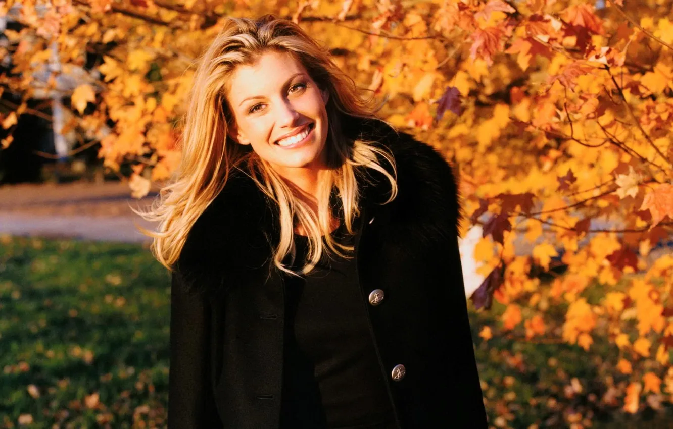 Photo wallpaper autumn, leaves, trees, smile, Park, blonde, coat, lawn