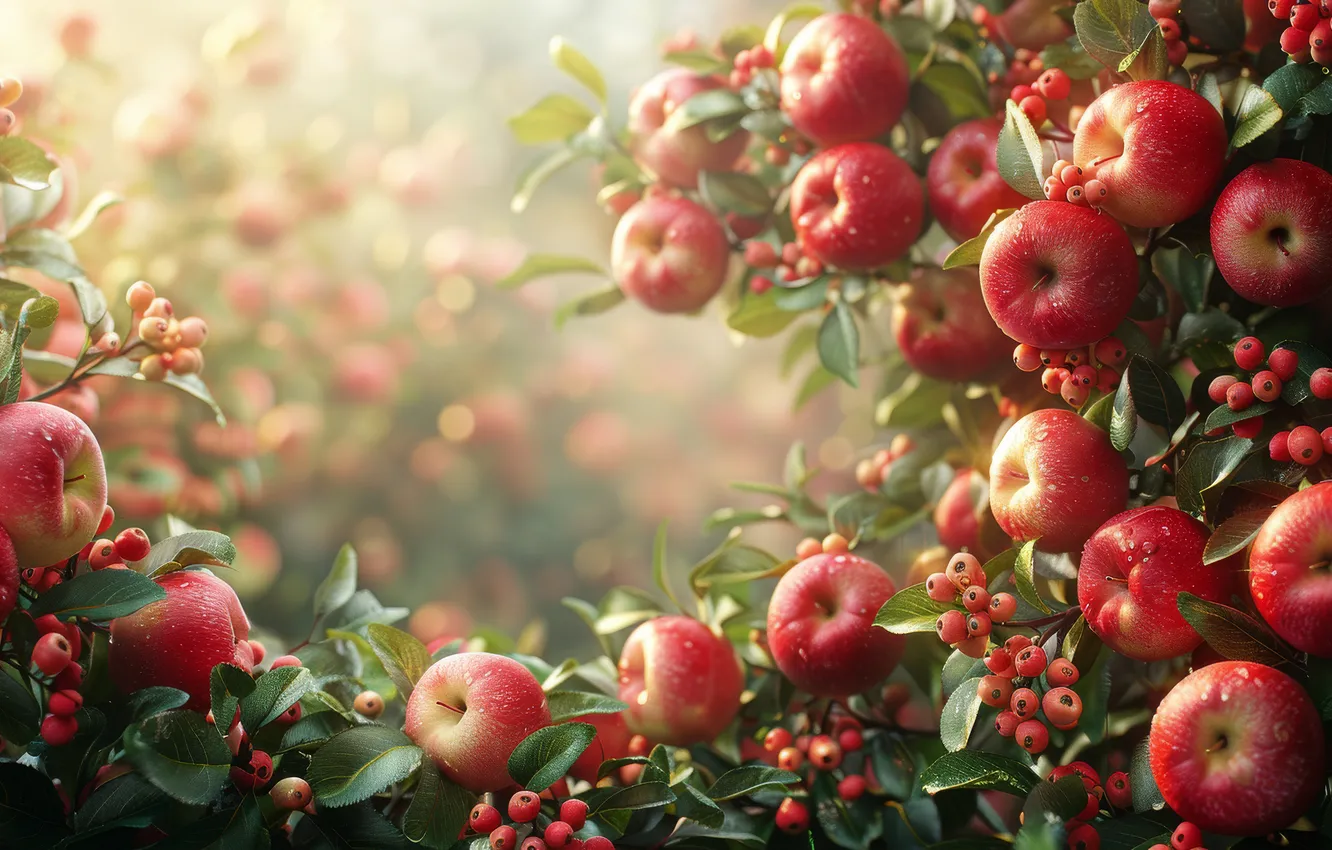 Photo wallpaper leaves, branches, red, berries, apples, garden, fruit, bokeh