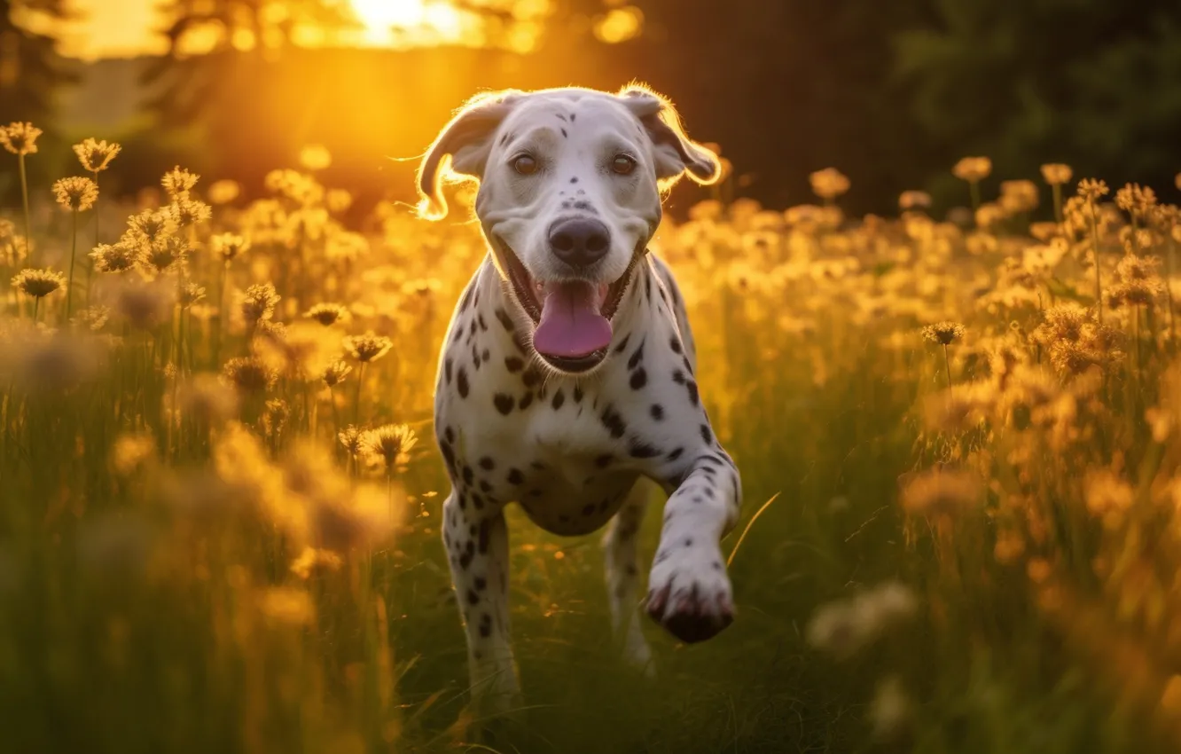 Photo wallpaper field, language, summer, face, light, flowers, yellow, dog