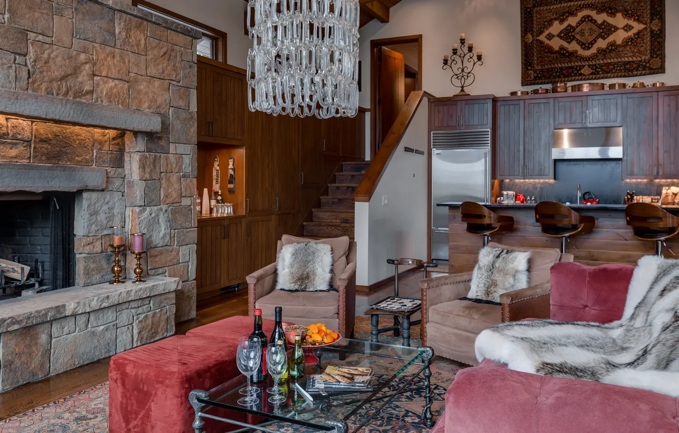 Photo wallpaper design, style, Villa, interior, bar, kitchen, fireplace, living room