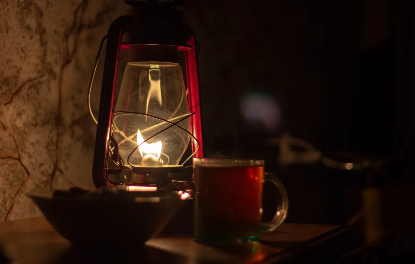 Photo wallpaper light, glass, darkness, heat, tea, stand, kerosene lamp