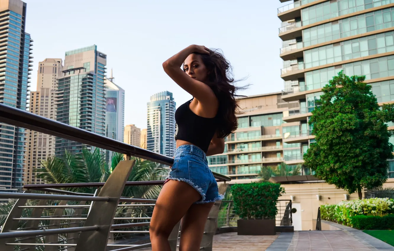 Photo wallpaper ass, shorts, ass, model, hands on head, jean shorts, looking at viewer, Darina Menshikova