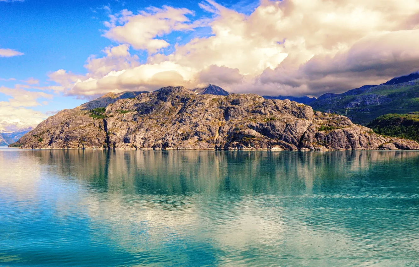 Photo wallpaper the sky, clouds, mountains, lake, rocks