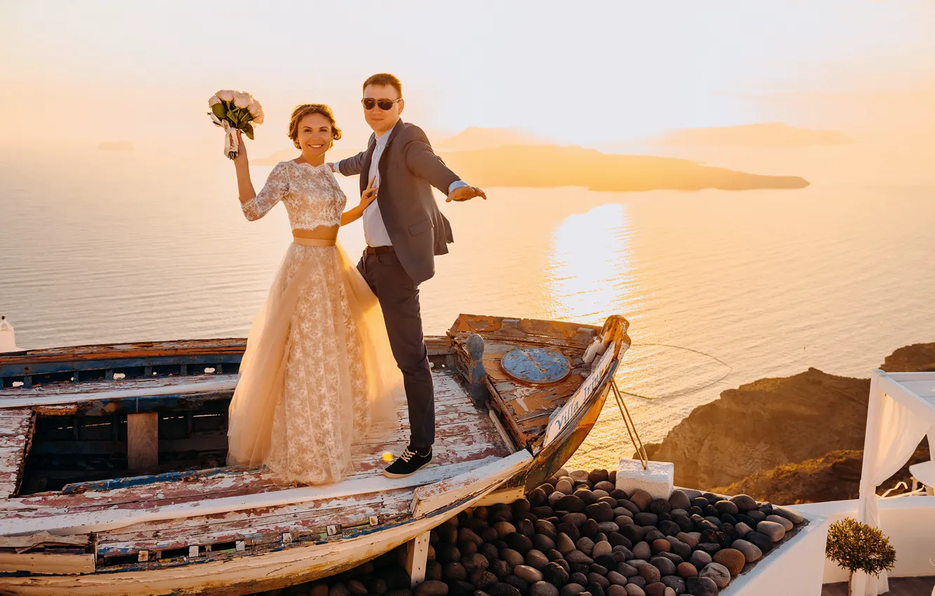 Photo wallpaper sea, the sun, happiness, smile, boat, the bride, beautiful, wedding