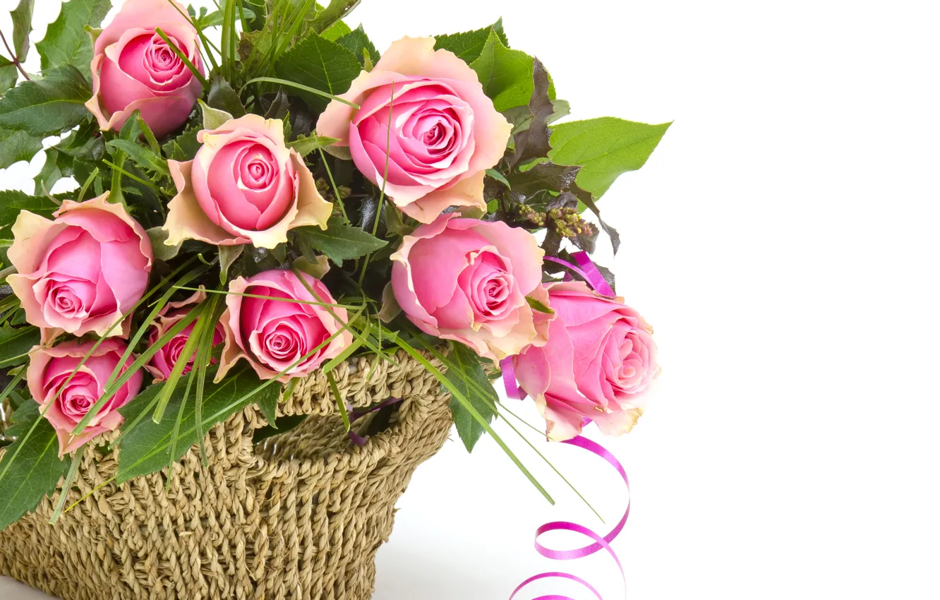 Photo wallpaper basket, roses, bouquet, tape, pink, pink, color, roses