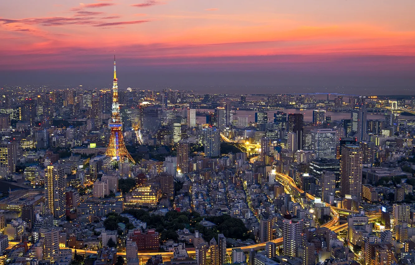 Photo wallpaper clouds, tower, home, Japan, Tokyo, panorama, glow