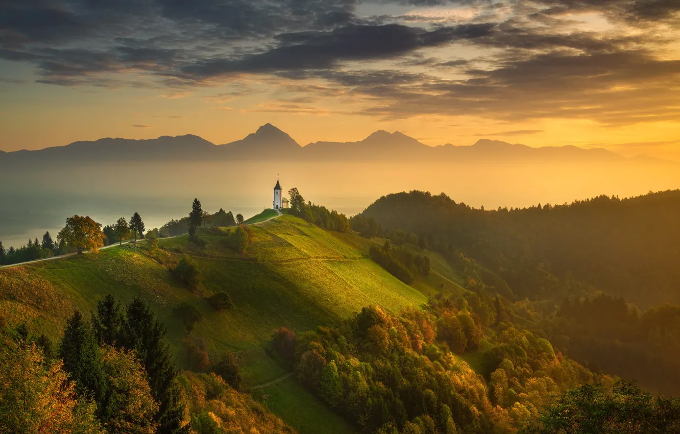 Photo wallpaper autumn, forest, mountains, fog, hills, Church