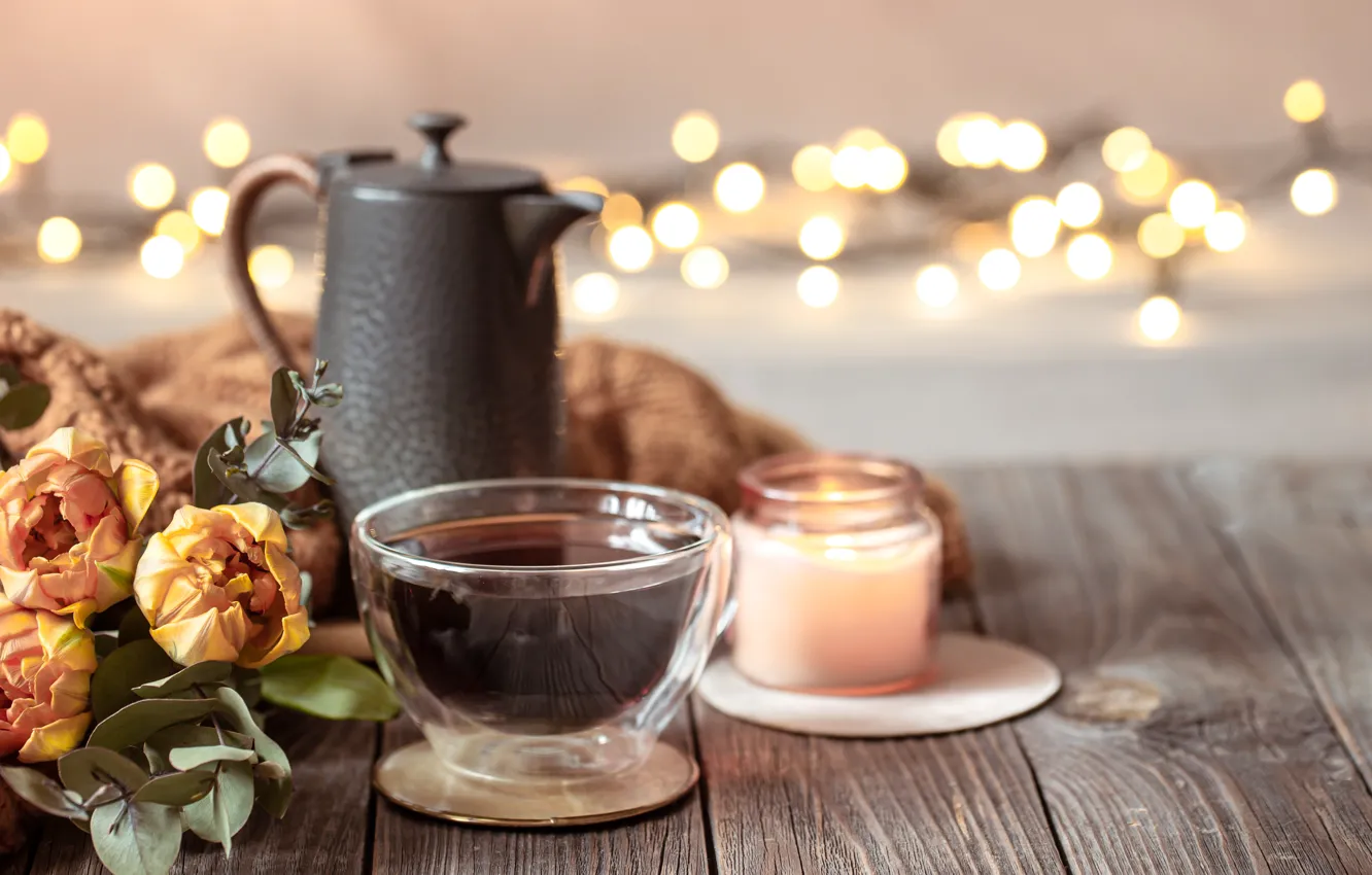 Photo wallpaper leaves, light, flowers, yellow, lights, comfort, tea, Board