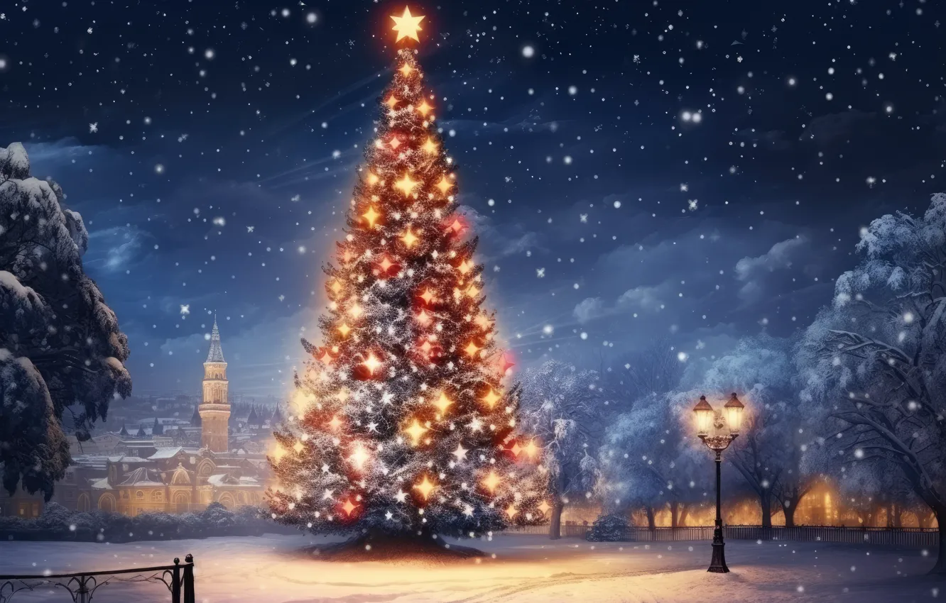 Photo wallpaper winter, snow, decoration, night, lights, Park, tree, New Year