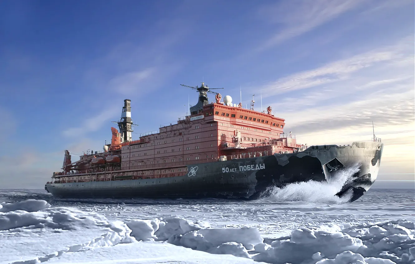 Photo wallpaper Winter, Sea, Snow, Board, Ice, The ship, Russia, 50 years of Victory