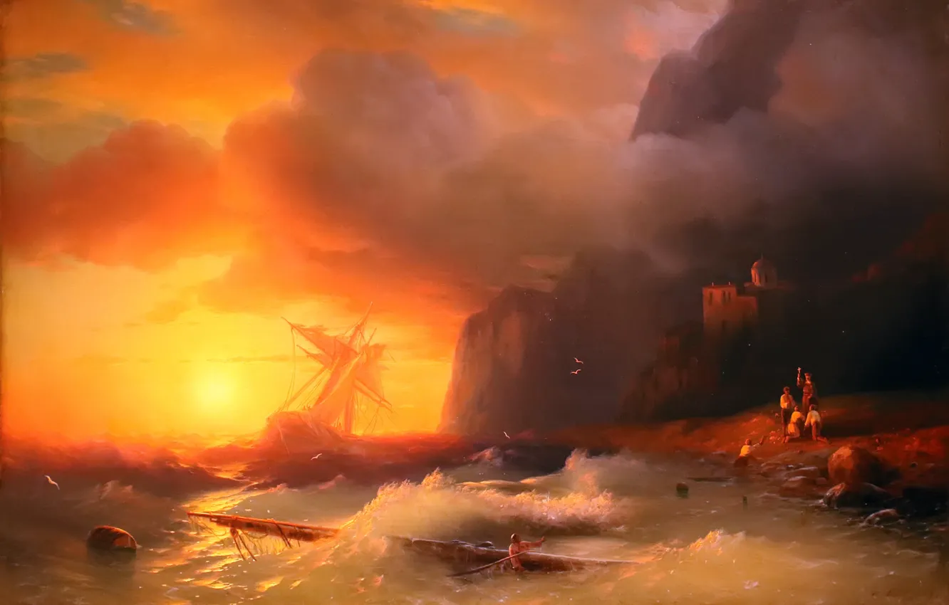 Photo wallpaper sunset, storm, rocks, oil, salvation, painting, Aivazovsky Ivan, korablekrushenie