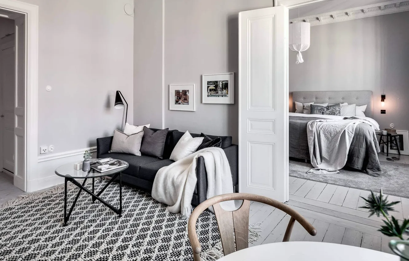 Photo wallpaper design, interior, bedroom, living room, Scandinavian style, Apartment in Stockholm, by Alexander White