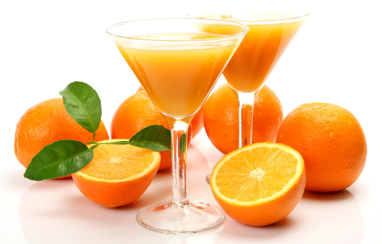 Photo wallpaper orange, glass, orange, juice, white background, drink, fruit, leaves