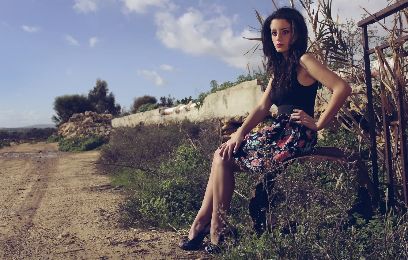 Photo wallpaper grass, girl, brunette