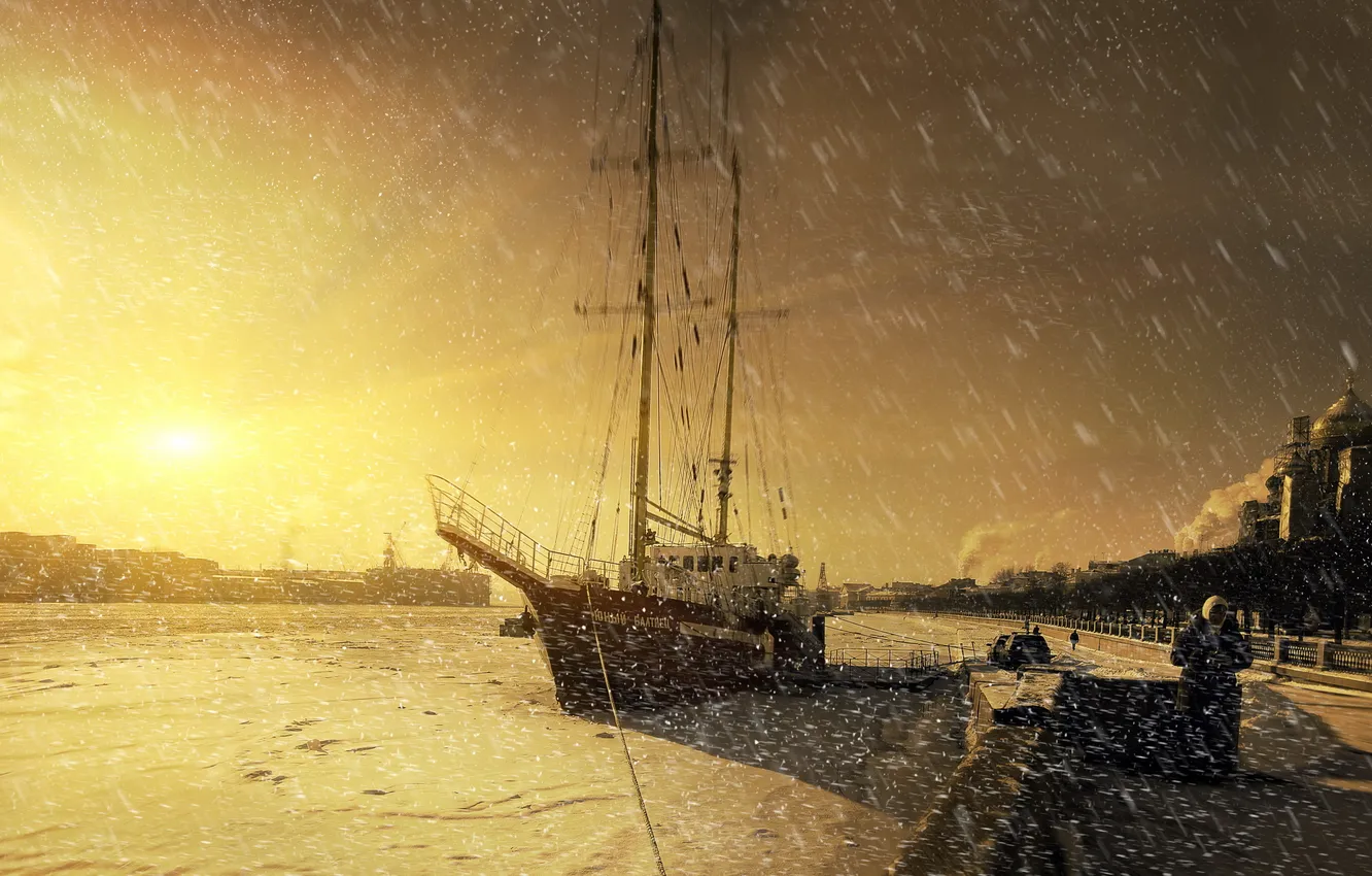 Photo wallpaper snow, sunset, the city, river, ship
