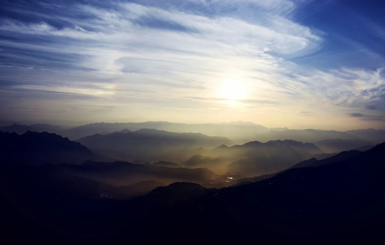 Photo wallpaper the sky, the sun, clouds, mountains, fog, dawn, view, height