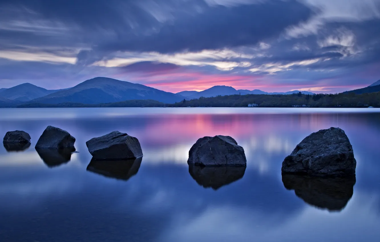 Photo wallpaper the sky, clouds, mountains, lake, stones, the evening