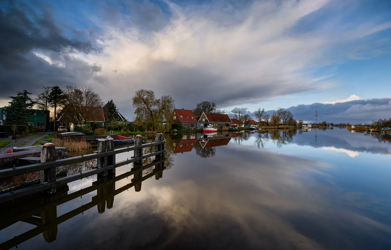 Photo wallpaper water, trees, reflection, river, shore, boat, home, the evening