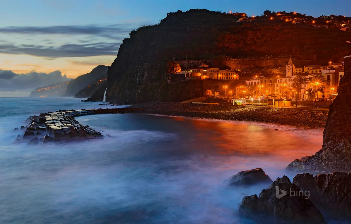 Photo wallpaper night, the city, lights, island, home, pierce, Portugal, Madeira