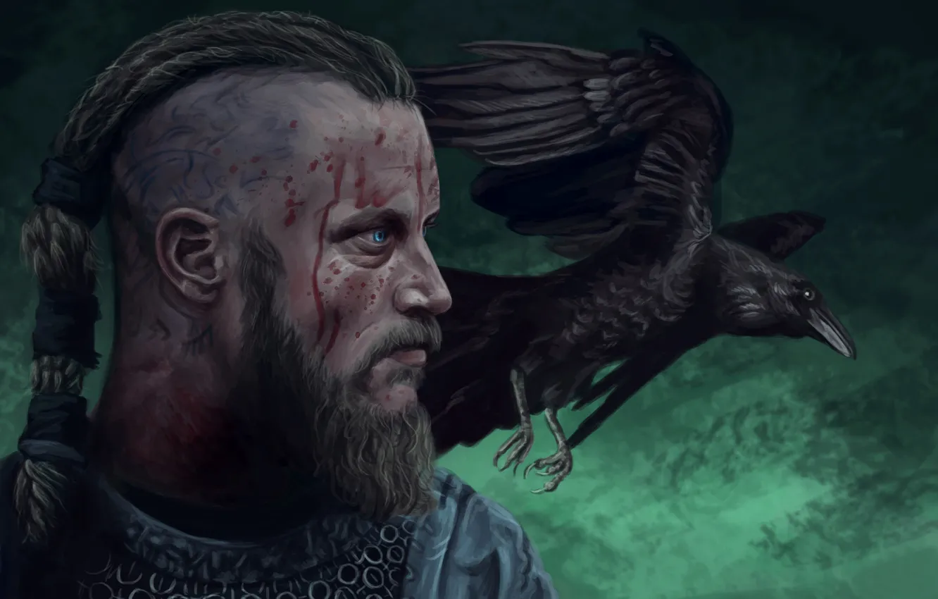 Photo wallpaper head, warrior, Raven, raven, art, viking, Ragnar Lothbrok