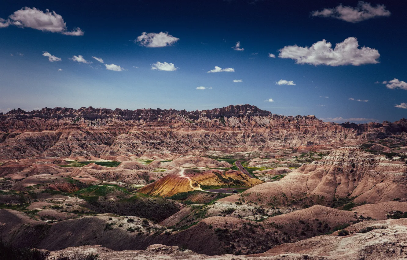 Photo wallpaper road, the sky, clouds, car, United States, South Dakota, Butt, Badlands