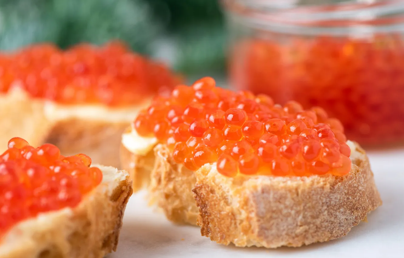 Photo wallpaper caviar, red caviar, sandwiches