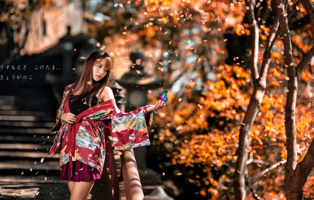 Photo wallpaper autumn, girl, Asian