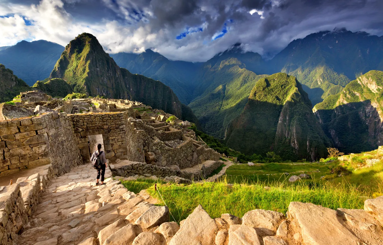 Photo wallpaper girl, South America, Peru, Peru, Machu Picchu, Machu Picchu, Eastern Cordillera, Eastern Cordillera