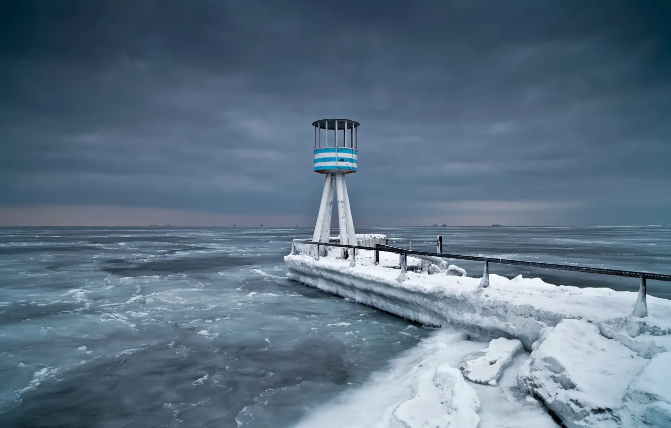 Photo wallpaper cold, sea, shore, lighthouse
