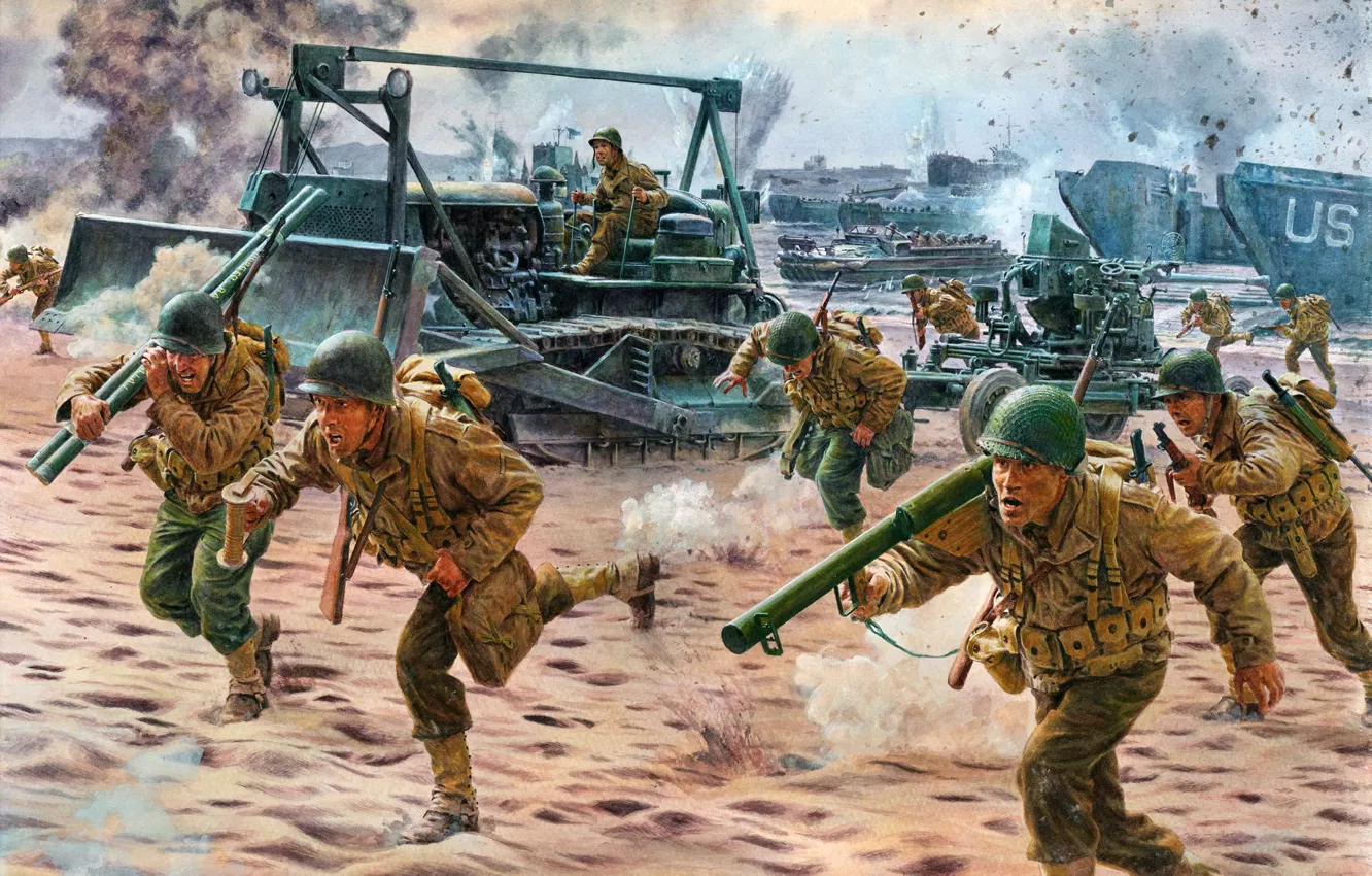 Photo wallpaper USA, US Army, M1 Garand, Bofors, American infantry, Operation Avalanche 9 Sep 1943, Caterpillar D‑7, …